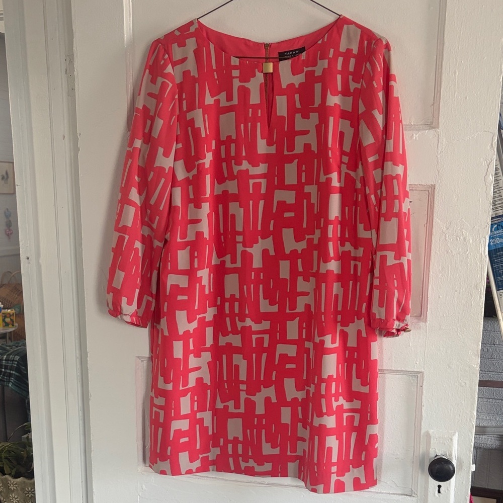 Tahari Pink and White Long Sleeve Dress